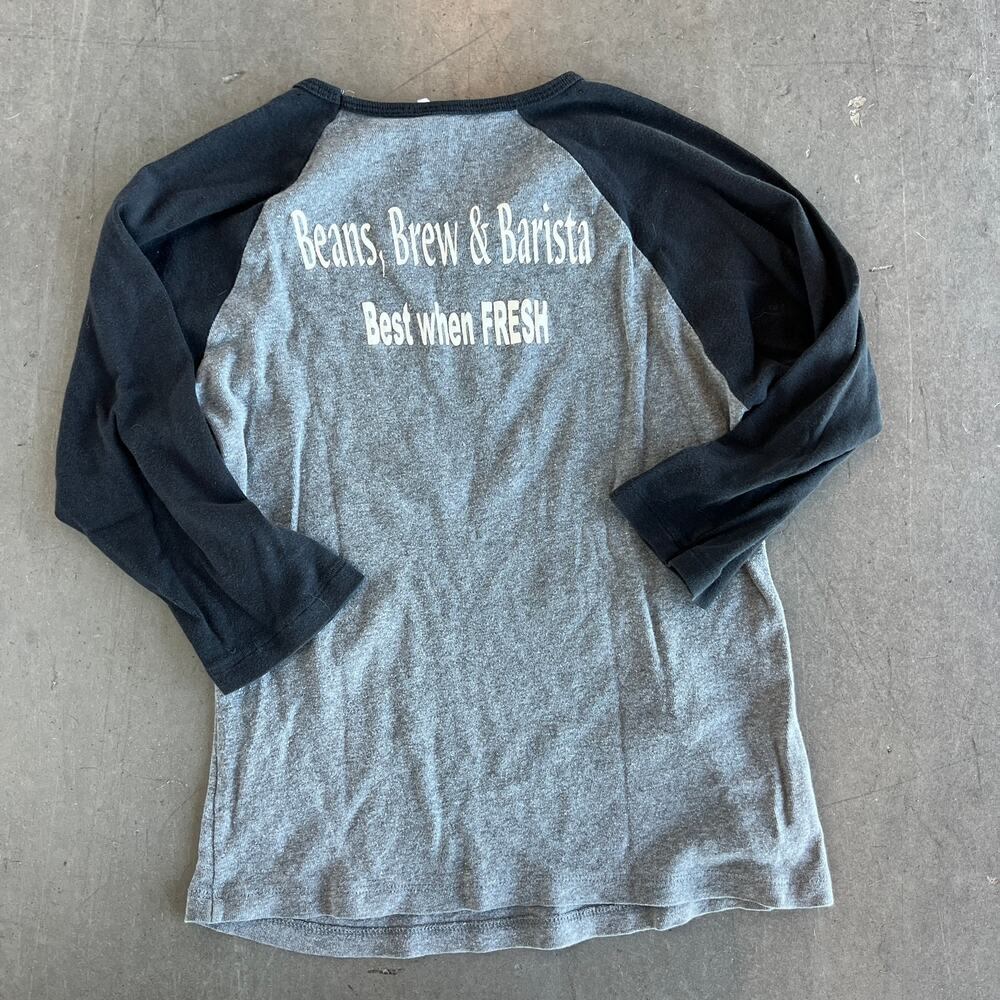 Vintage Y2K Bergies Coffee Roast House Barista Gray Black Baseball Tee Medium - Picture 3 of 5